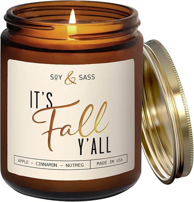 Fall Candles - 'It's Fall Yall' Candle w/Apple Cinnamon & Nutmeg I Infused with Essential Oils I Autumn Scented Candles I Cozy Cute Décor Gifts I 9oz Jar I 50Hr Burn I Made in USA