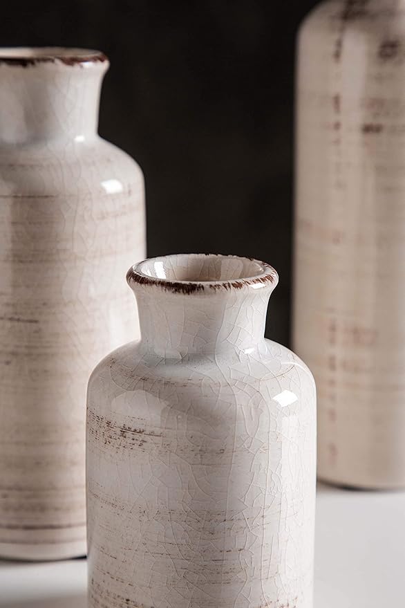 CwlwGO-Small White Ceramic Vase Set,Rustic Flower Vases for Home Décor,Flower Vase,Farmhouse Country Décor,Living Room Centerpiece Table Decorations,Shelf & Mantel Decor.