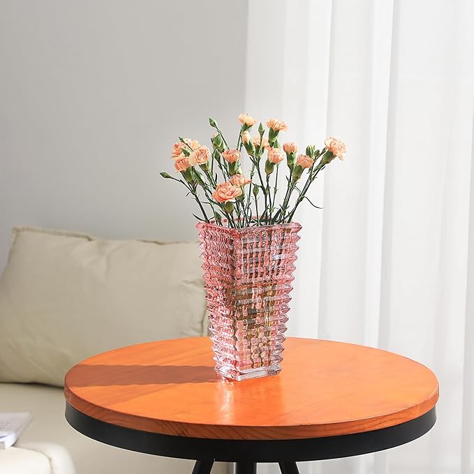 MCMCNCUIU Crystal Vase, Large Crystal Vases for Flowers, Pink Large Flower Vase, Modern Glass Vases for Living Room, Bedroom, Kitchen, Dining Table, Mantle, Wedding, 9 Inches