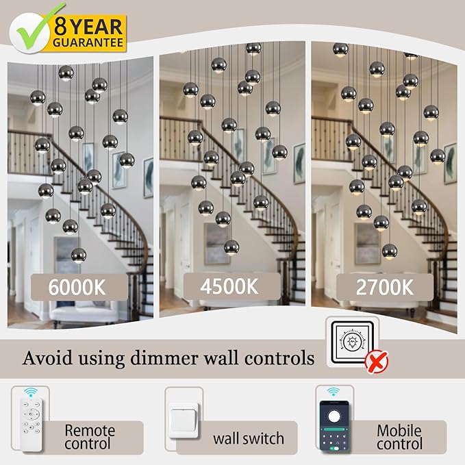 Farmhouse Crystal Chandelier, Luxury Hanging Lights High Ceiling Pendant Lighting for Foyer Staircase 24 Lights Black Chandelier Dimmable 2700k-6000k