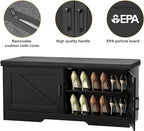 2-Tier Storage Bench, Shoe Bench with Padded Seat Cushion, Entryway Bench with 2 Barn Doors, Adjustable Shelf, 13.8" D x 39.4" W x 17.7" H, for Entryway, Living Room, Bedroom, Black