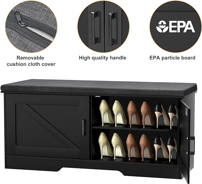 2-Tier Storage Bench, Shoe Bench with Padded Seat Cushion, Entryway Bench with 2 Barn Doors, Adjustable Shelf, 13.8" D x 39.4" W x 17.7" H, for Entryway, Living Room, Bedroom, Black