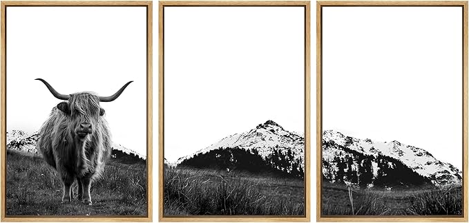 SIGNWIN 3 Piece Framed Canvas Wall Art Highland Cattle in Front of Snowy Mountain Duotone Black and White Canvas Prints Home Artwork Decoration for Living Room,Bedroom - 24"x36"x3 Natural