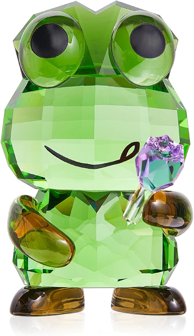 Crystal Frog Figurine with Purple Rose - Glass Animals Desk Decor & Home Office Ornament, Handmade Art Collectible Gifts