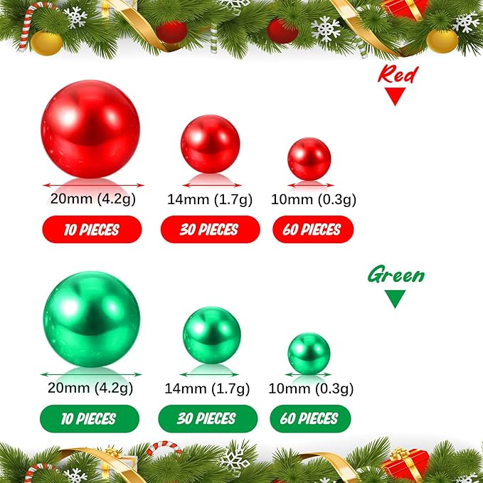 200 PCS Red Green Vase Fillers, Pearls Bead for Centerpieces Vases, 10/14/20 MM No Hole Beads, Fake Pearls for Wedding Birthday Anniversary Theme Party Table Centerpieces Decor