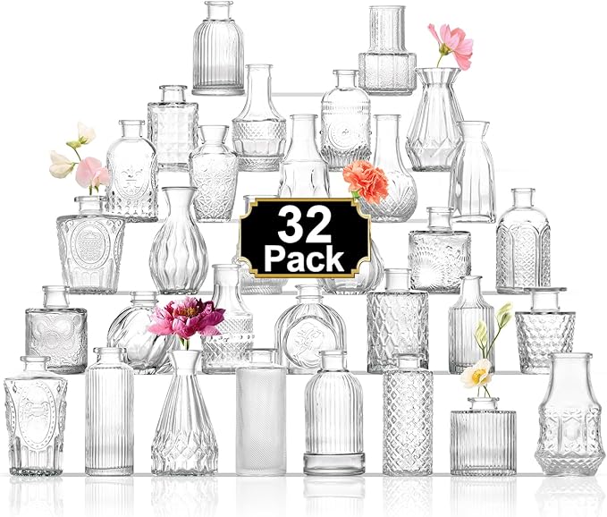 Bud Vases in Bulk 32, Clear Glass Bud Vases for Centerpieces, Small Vases for Flowers, Mini Vintage Flower Vase for Centerpieces, Wedding Table Decor, Home Decor