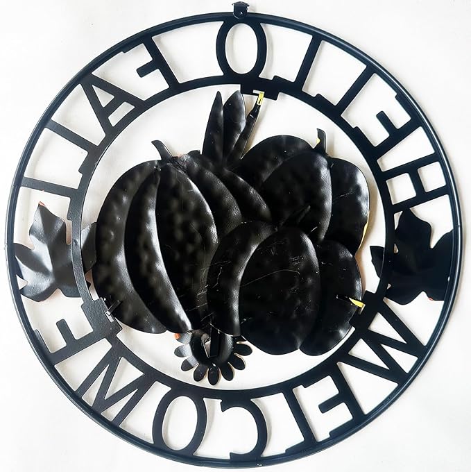 Metal Hanging Pumpkin Hello Fall Welcome Wreath Autumn Fall Harvest Decor for Front Door, Rustic Farmhouse Seasonal Thanksgiving Halloween Decoration-13''H