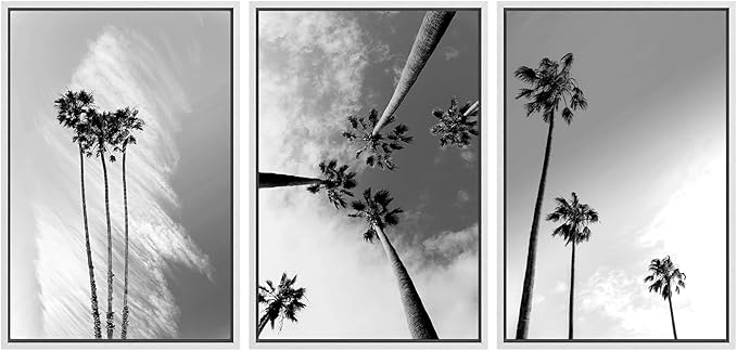 SIGNWIN 3 Piece Framed Canvas Wall Art Black and White Palm Tree Canvas Prints Home Artwork Decoration for Living Room,Bedroom - 24"x36"x3 White