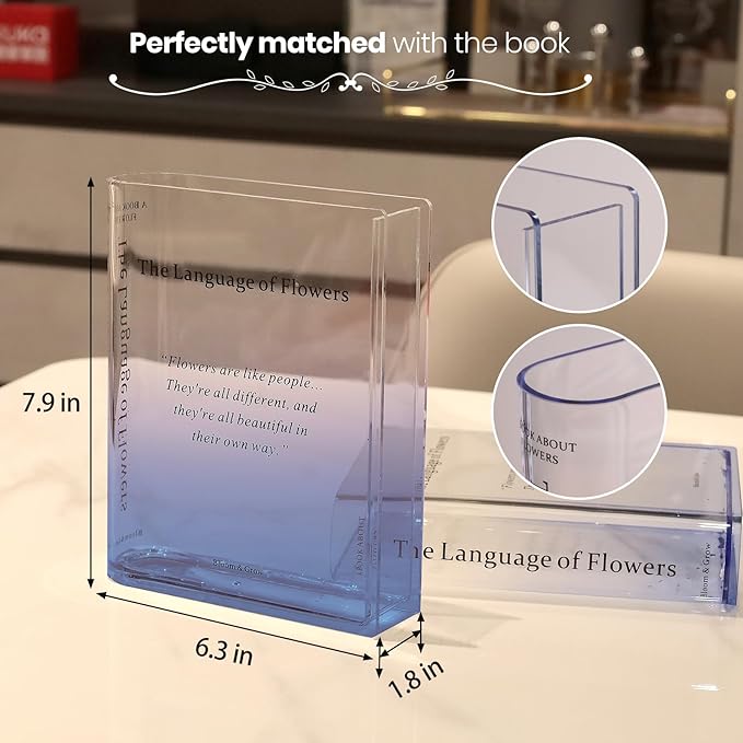 Book Vase for Flowers Home Décor,Artistic and Cultural Flavor Decorative Acrylic Clear Vase for Home and Office,Creative Gifts for Book Lovers. (Blue)