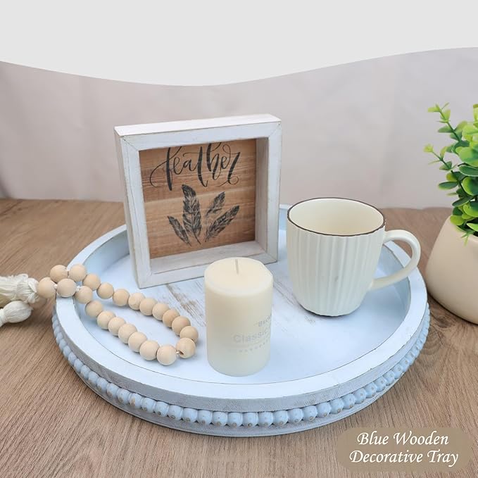 Round Wood Serving Tray with Beads, Blue Washed Wooden Decorative Tray for Entertaining, Decoration, and Gifting
