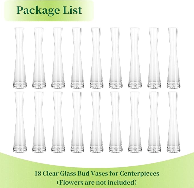 Hewory Glass Bud Vases for Centerpieces Set of 18, Handmade Modern Clear Small Skinny Decorative Single Flower Vase, Minimalist Slim Floral Vase for Home Wedding Party Events Table Decor, 9.64"
