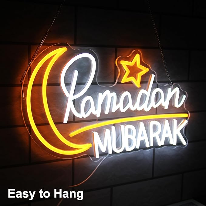 Ramadan Mubarak Neon Sign Islamic Wall Art Eid Mubarak Sign Moon Star LED Neon Light Dimmable Ramadan Neon LED Sign Bismillah Wall Sign Ramadan Mubarak Decorations Eid Al Fitr Supplies