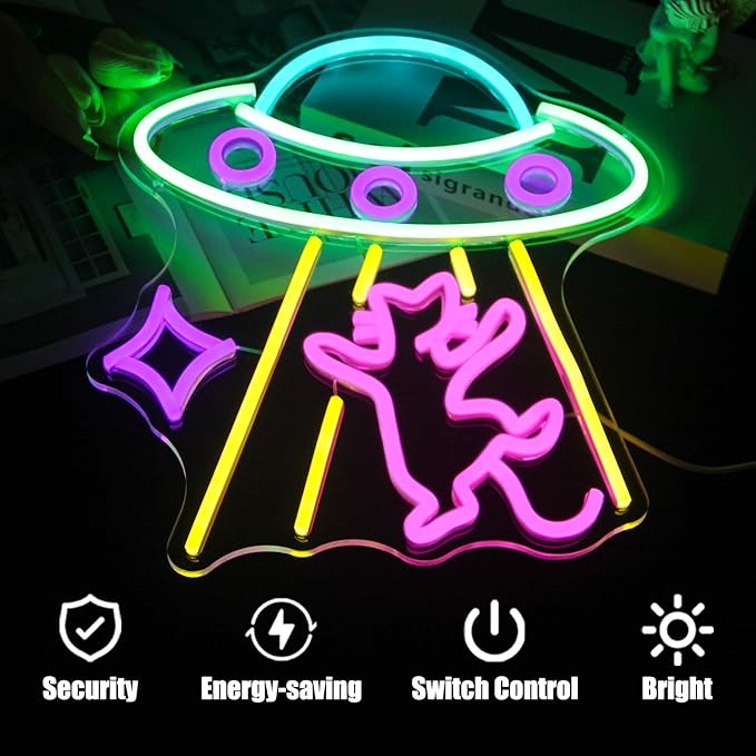 CKTBLEY UFO Cat Neon Sign Fun Alien Neon Light Spacecraft LED Sign Adorable Pink Cat Wall Lights for Bedroom Game Room Man Cave Bar Party Decoration Gifts for Kids Wall Art
