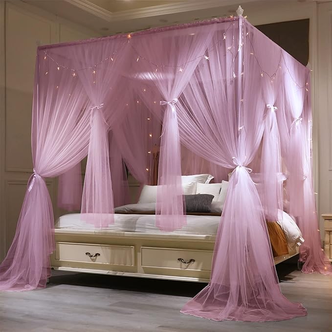 VETHIN 4 Corners Post Princess Bed Canopy Curtain Double Layer Cozy Drape Netting 4 Opening Mosquito Net for Girls & Adults Bedroom Decoration Accessories (Double Pink, 78" W*86" L*82"*H/(King))