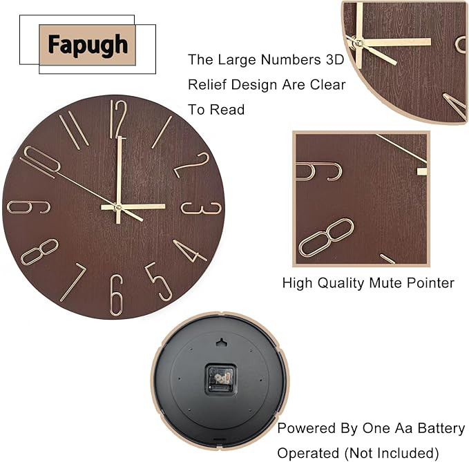 Wall Clock, Silent Clock, Wall Clocks Battery Operated， 12 inch Modern Wall Clock, Suitable for Offices, Living Rooms, Kitchens, Homes, Schools (Retro Brown Without Second Hand)