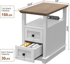 HIFYOBRO Narrow End Table with Flip Top Charging Station and 2 Drawers, Type-C & USB Port & Power outlets, Wooden Storage Cabinet, Side Table with Storage for Living Room and Bedroom (White)