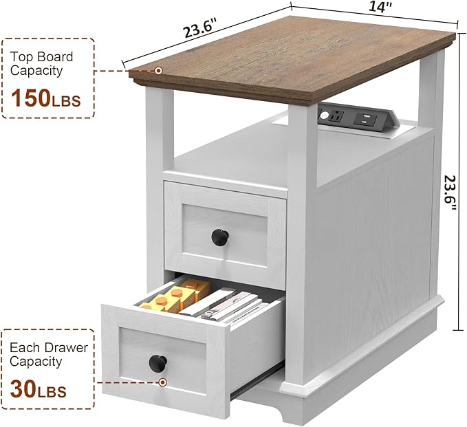 HIFYOBRO End Table with Flip Top Charging Station Set of 2, White Side Table with 2 Drawers, Type-C & USB Port & Power outlets, Narrow Wooden Storage Cabinet for Living Room and Bedroom