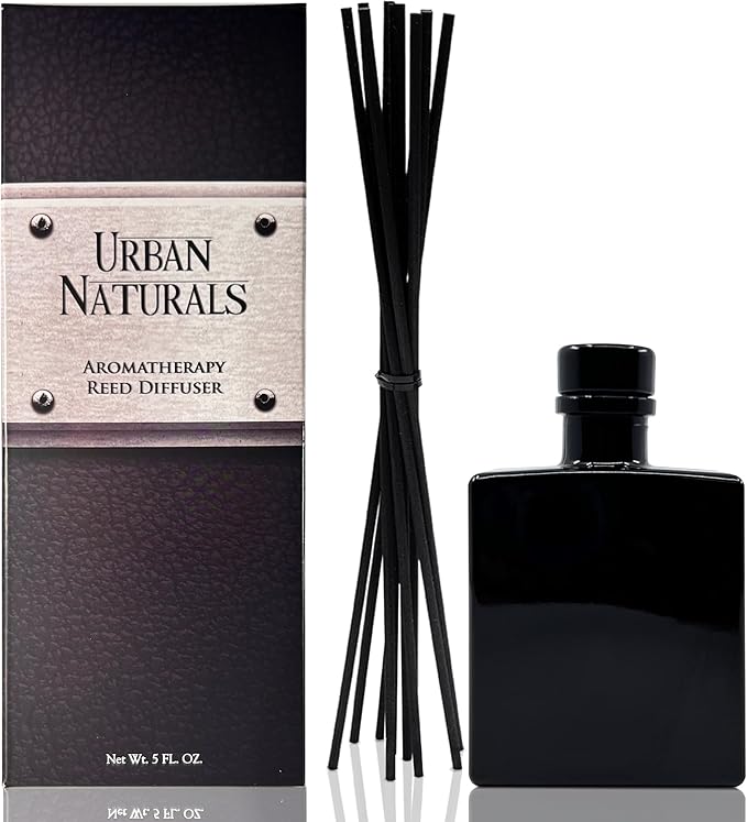 Urban Naturals Crisp Alpine Air Reed Diffuser Set with Eucalyptus, Citrus, Vanilla, Pine & Balsam Notes – 5 Ounce Sleek Black Rectangular Refillable Glass Bottle – Made in The USA