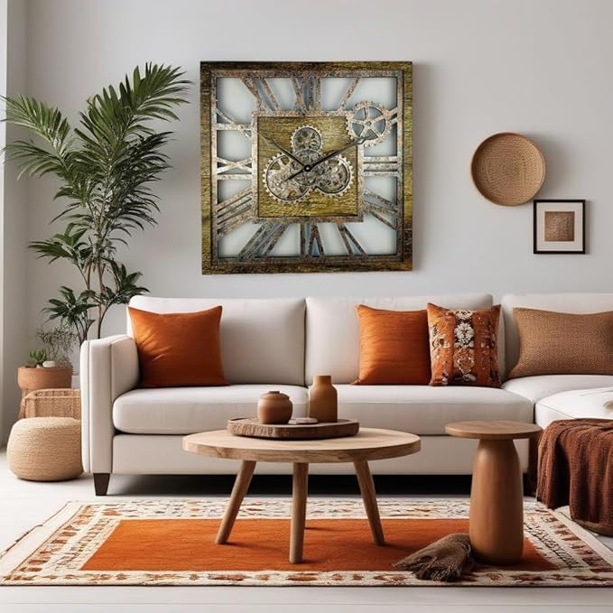 The Gears Clock 24'' Inch Square Real Moving Gear Wall Clock Vintage Industrial Oversized Rustic Farmhouse (Gold Antique)