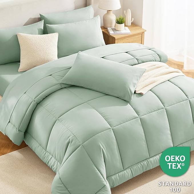 CozyLux Queen Comforter Set Sage Green, 7 Pieces Bed in a Bag, Green Comforter Queen Size, All Season Bedding Sets with Stitch Quilted Comforter, Flat Sheet, Fitted Sheet, Pillowcases