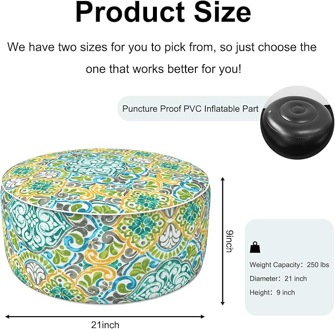 Inflatable Ottoman Stool D21 xH9 for Outdoor/Indoor Use, Water Repellent Patio Foot Rest Stool with Portable Handle,Round Pouf Ottoman Suitable for Garden,Deck and Camping - Damask Green