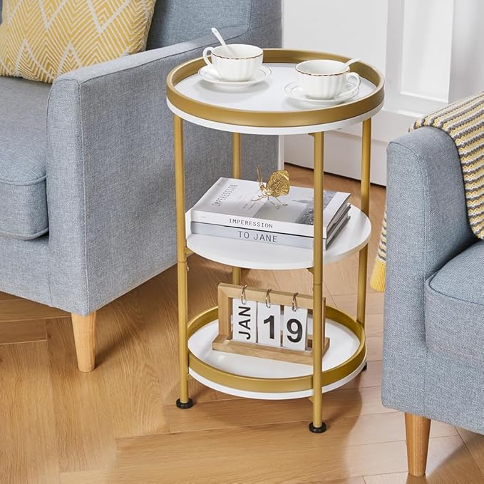 Dulcii Round Side Table with Storage Tray for Living Room, 15" L x 15" W x 24" H Bedroom Nightstand 3 Tiers Bedside Table with Steel Frame for Small Spaces (White & Gold)