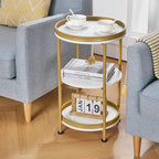 Dulcii Round Side Table with Storage Tray for Living Room, 15" L x 15" W x 24" H Bedroom Nightstand 3 Tiers Bedside Table with Steel Frame for Small Spaces (White & Gold)
