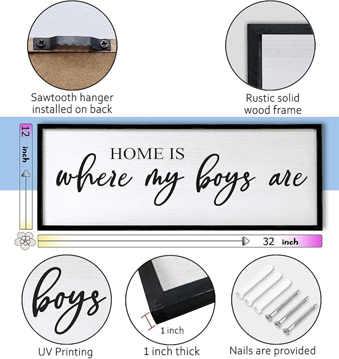 Home is Where My Boys are Sign Framed Wall Art, 32''×12'' Rustic Horizontal My Son Plaque with Black Frame for Baby Kid Boy Son Teen Toddlers Room, Horizontal Mom of Boys Gifts Nursery Decor