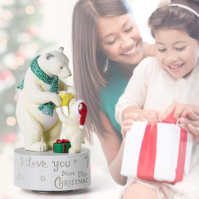 AIDLNS Christmas Polar Bear I Love You More Than Christmas-Theme Music Box, Handmade Sculpture Figurines Musical, Plays Silent Night Tune, Heartwarming Holiday Decoration for Family