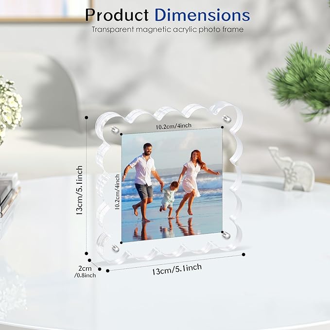 Acrylic Magnetic Picture Frames 4x4-2Pack Clear Freestanding Photo Frame.Double-Sided Scalloped Edges, 10+10mm Thick Block, for Modern Desktop Display &Perfect for Gifts (2 Pack, 4X4)