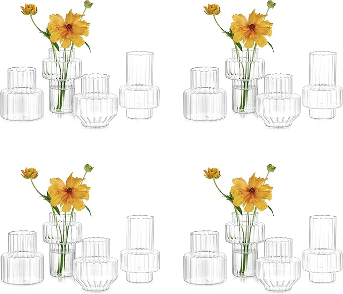Hewory Ribbed Bud Vases for Centerpieces: Set of 16 Small Clear Glass Vase for Bridal Baby Shower Home Decor - Modern Table Decoration for Wedding & Event Planners