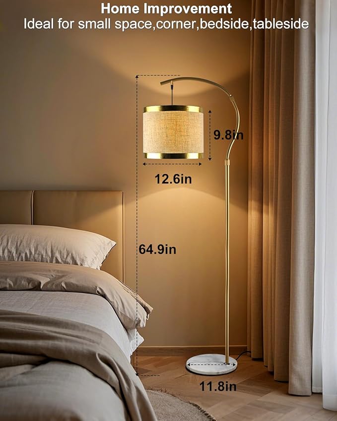 Lightdot 64.9IN Gold Arc Floor Lamp, Modern Floor Lamps for for Wedding/Party, Standing Lamp with Linen Shade, Tall Floor Lamp Living Room/Bedroom (Bulbs Included)
