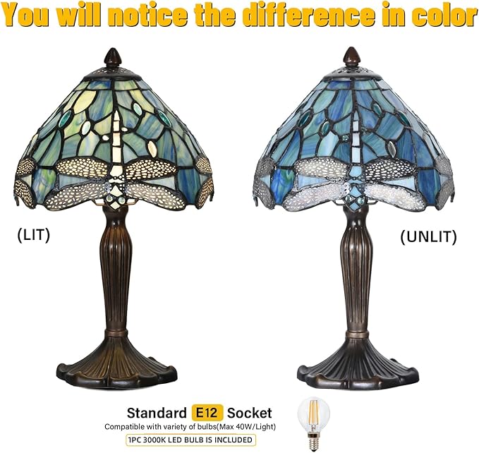 TL0008 Tiffany Lamp Sea Blue Stained Glass Dragonfly Style Desk Reading Light for Small Space Bedside Bedroom Home Office,8" D x 14.25" H, LED Bulb Included