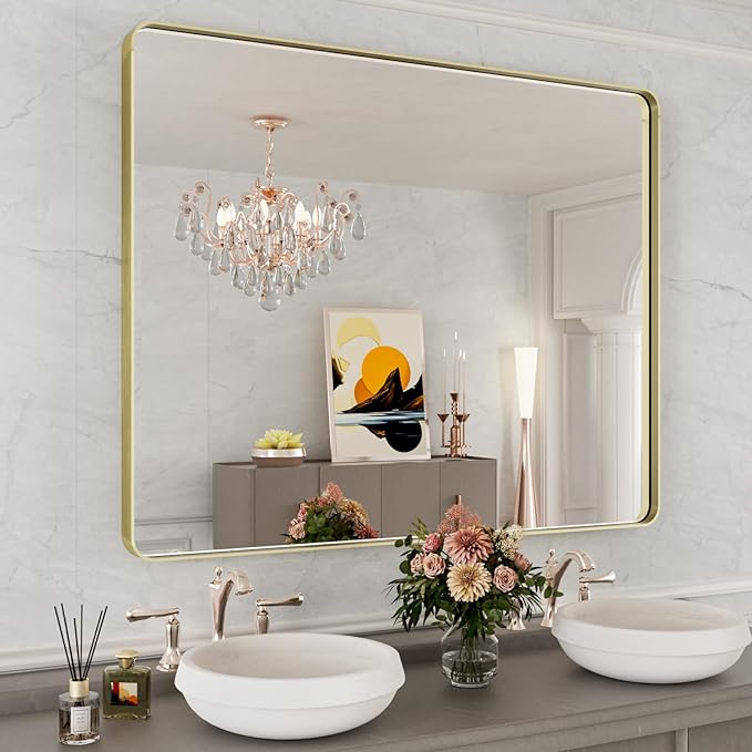 WEER Gold Bathroom Mirror, 40X32 Inch Brushed Gold Metal Frame Mirror, Rounded Rectangle Gold Bathroom Vanity Mirror for Wall, Tempered Glass, Anti-Rust, Hangs Horizontally or Vertically