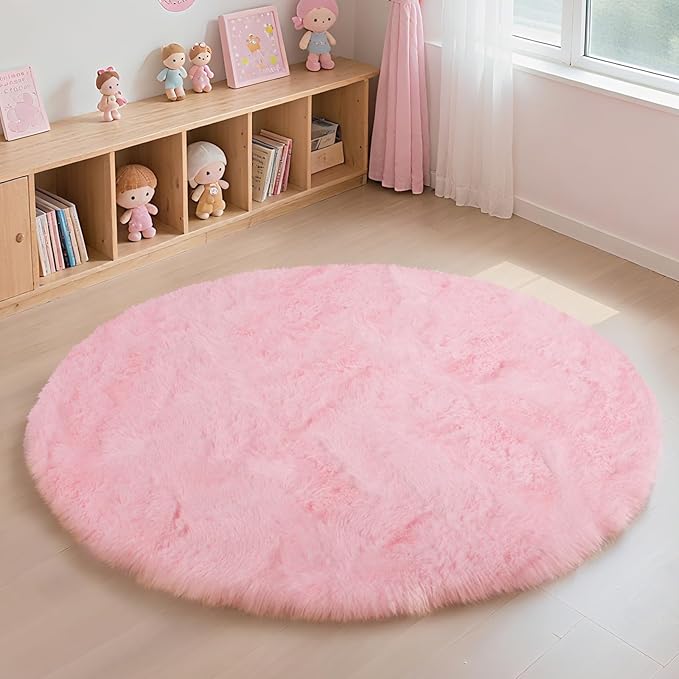 Pink Fluffy Round Area Rugs for Bedroom,5'X5'Shag Circle Area Rugs for Girls Room,Non Slip Fuzzy Plush Rug for Kids Room Living Room and Dorm Home Decor Rug