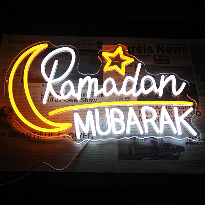 Ramadan Mubarak Neon Sign Islamic Wall Art Eid Mubarak Sign Moon Star LED Neon Light Dimmable Ramadan Neon LED Sign Bismillah Wall Sign Ramadan Mubarak Decorations Eid Al Fitr Supplies