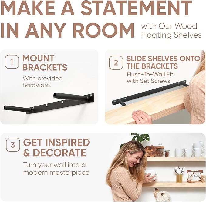 Homeforia 48 inch Natural Floating Shelf, High End Solid Real Wood 48inch Small Floating Shelves for Wall Mounted, Natural Wooden Floating Shelves, Heavy Duty Bracket, 48 X 6.5 X 1.75 in, Set of 2