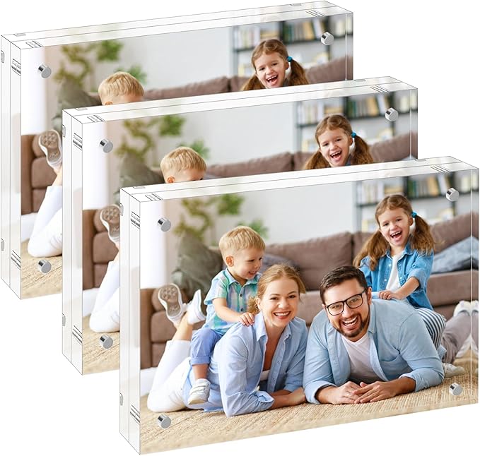 4x6 Acrylic Picture Frame 3 Pack, 20mm Clear Thickness Frameless Magnetic Double Sided Display, Plastic Table Top Photo Sign Holder, Table Paper Stand for Desktop Display, Stores