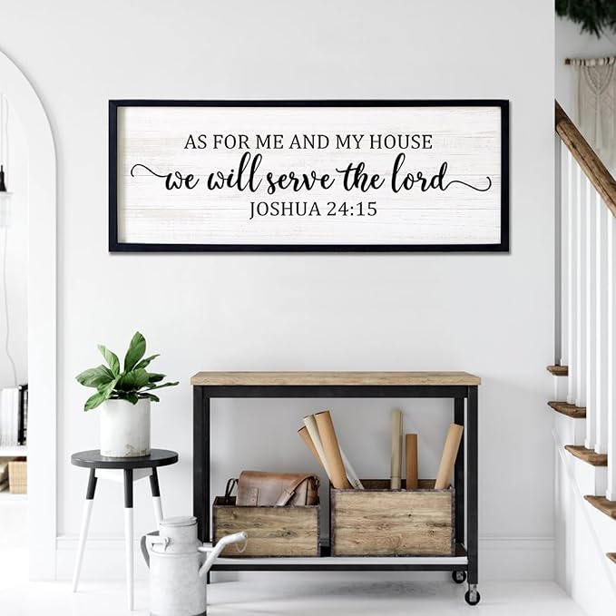 As For Me And My House We Will Serve The Lord Framed Wall Art, 40''×15'' Vintage Positive Religious Rustic Bible Verse for Christian God Jesus Christ Prayer, Horizontal Holy Catholic Scripture Decor