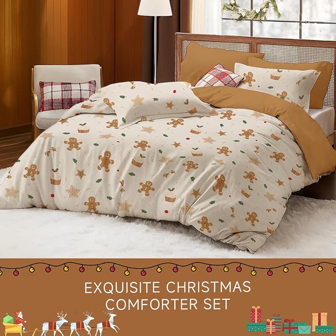 Christmas Comforter Set Full Size, Christmas Bed Set with Gingerbread Beige Bedding Set for Holiday, 3 Pieces 1 Super Soft Comforter and 2 Pillowcase