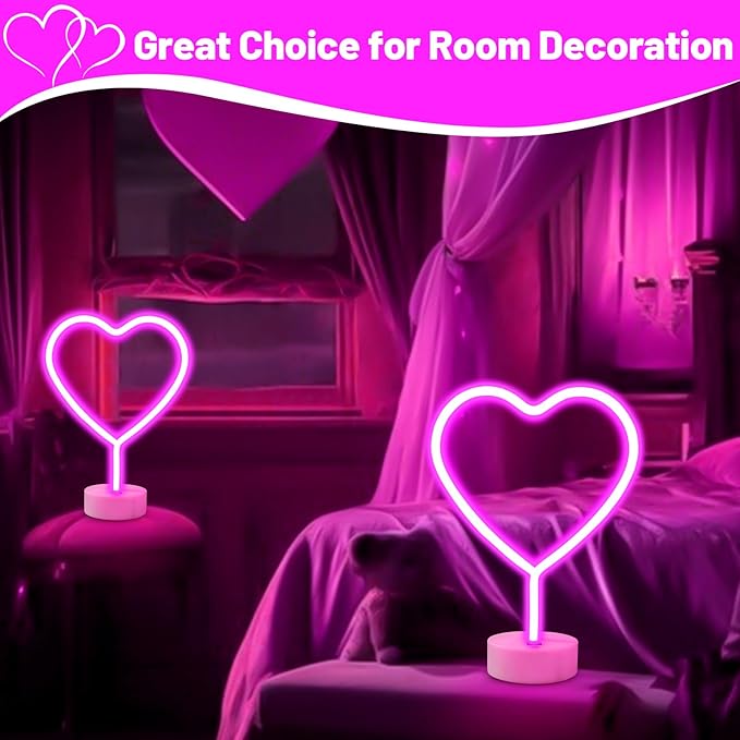 BRIGHTDECK 2 Pack Heart Neon Signs, LED Lights Battery Operated or USB Powered Decoration Lamp, Neon Lights Decor for Valentine's Day Gifts, Wedding, Party, Pink Room Decor (Pink Heart)