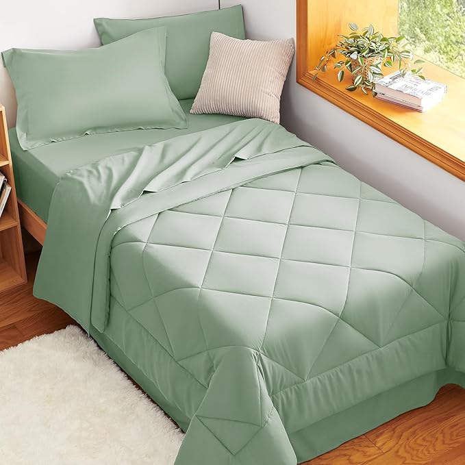 CozyLux Twin XL Comforter Set Sage Green - 5 Pieces Twin Extra Long Bed in a Bag for College Dorm, All Season Bedding Set for Girls and Boys, Soft Bed Set with Comforter, Sheets, Pillowcase & Sham