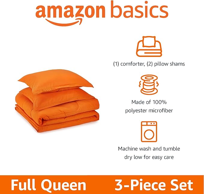 Amazon Basics 3 Piece Soft, All-Season Microfiber Kid's Comforter and Pillow Sham Set, Full/Queen, Bright Orange, Solid
