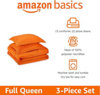 Amazon Basics 3 Piece Soft, All-Season Microfiber Kid's Comforter and Pillow Sham Set, Full/Queen, Bright Orange, Solid