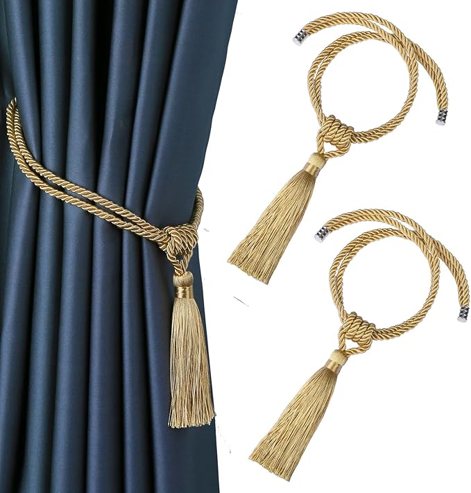 Fenghuangwu Magnetic Curtain Tiebacks Tassel Tie-Backs, Rope Curtain tie Backs Handmade Curtain Holdbacks Made from Polyester (Gold, 2 Pack)