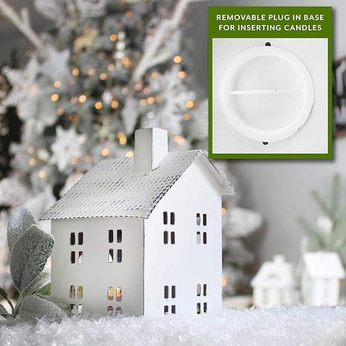 AuldHome Design Farmhouse Decor Tin Houses (Set of 3, White); Candle Lantern Decorative Holiday Christmas Village Display or Votive Holder