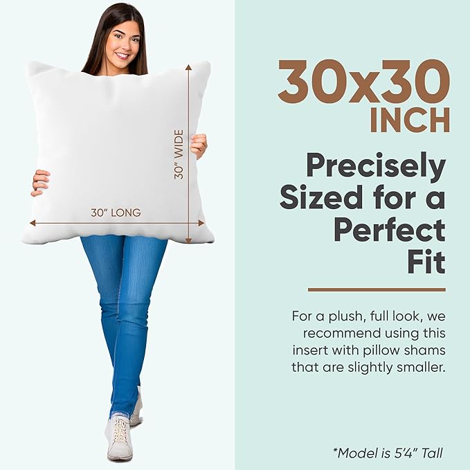 Pillowflex Synthetic Down Pillow Insert -30x30 Down Alternative, Ultra Soft Oversized Square European Throw Pillow, Couch Euro Sham, Bed - 1 Decorative Form
