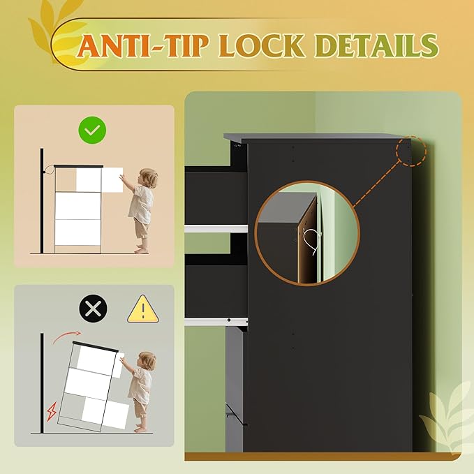 WLIVE 5 Drawer Dresser for Bedroom, Tall Wood Dresser, Black Dressers Storage Organizer with Sturdy Metal Handle, Chest of Drawers for Living Room, Hallway, Closet