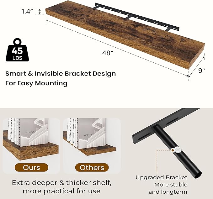 Dreamland 48 inch Floating Shelves for Wall Large Wall Mounted Shelves with Invisible Brackets, Brown Long Shelves for Bathroom, Living Room, Kitchen, Office, 48x9.1 inch deep Set of 2