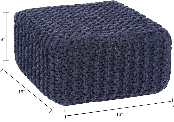 REDEARTH · Cube Low Pouf Foot Stool Ottoman - Hand Knitted Poof - Cord Boho Pouffe - Home Décor - Stuffed Footrest for Living Room - Nursery - Bedroom - Patio (16" x 16" x 8") - Navy Blue